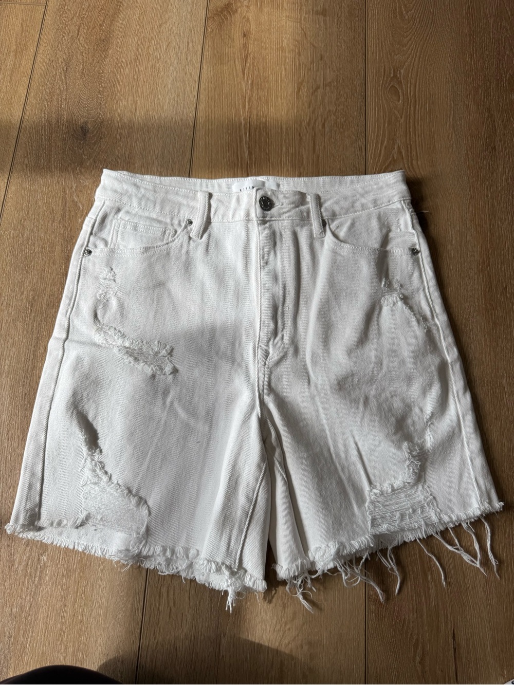 RISEN High Rise Frayed Hem Distressed White Denim Shorts Size Large